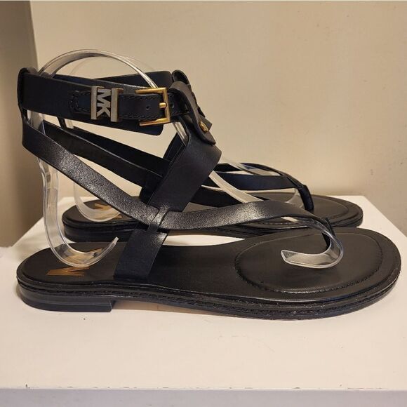Michael Kors "Pearson" Black Leather Strappy Sandals Gold Accents Sz.6 Ret $155 - Picture 2 of 8